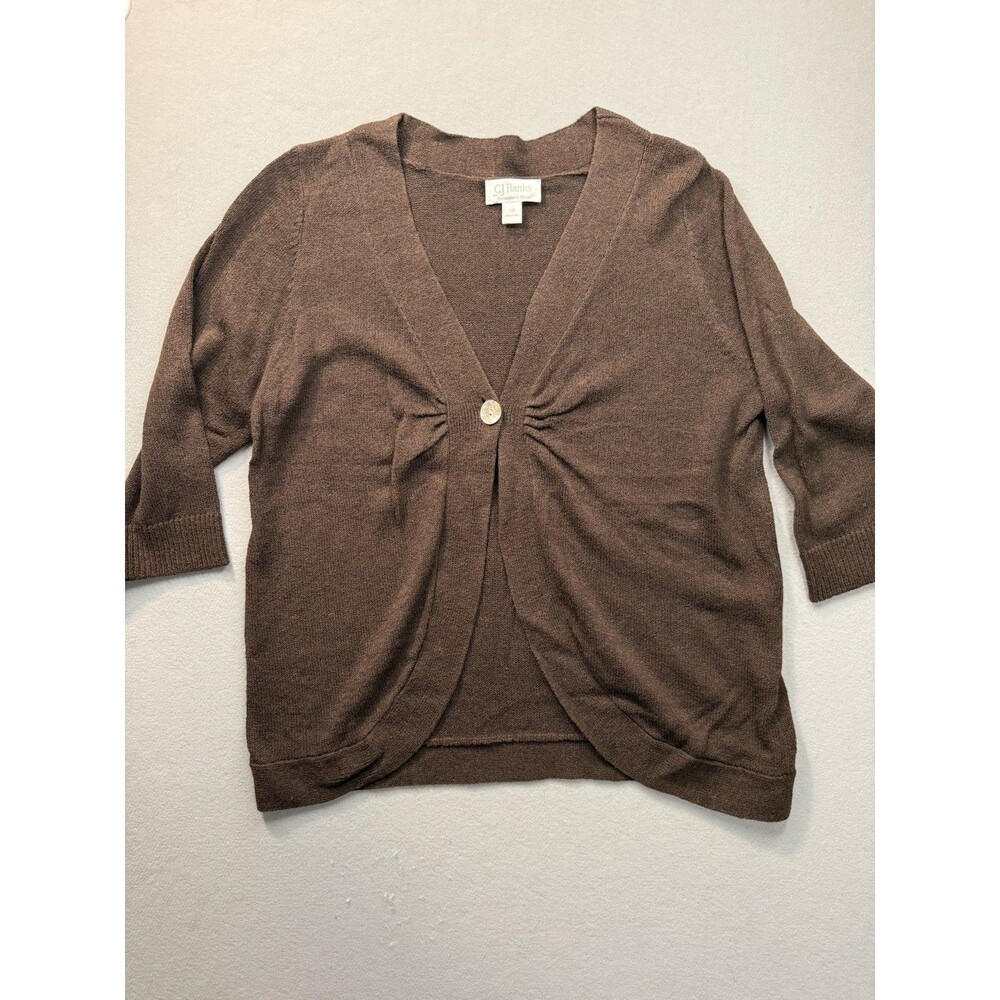CJ Banks Cardigan Sweater 1X Brown One Button Shrug Knit Plus Size 3/4 Sleeve